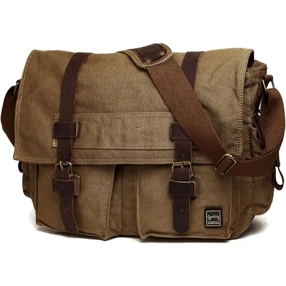 Vintage Berchirly Men's Brown Military Canvas Shoulder Straps Messenger Bag